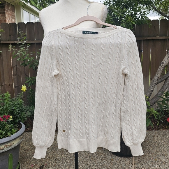 Lauren ralph lauren Puff Sleeve Ribbed Cable Cotton Sweater Pullover SP - Picture 11 of 13